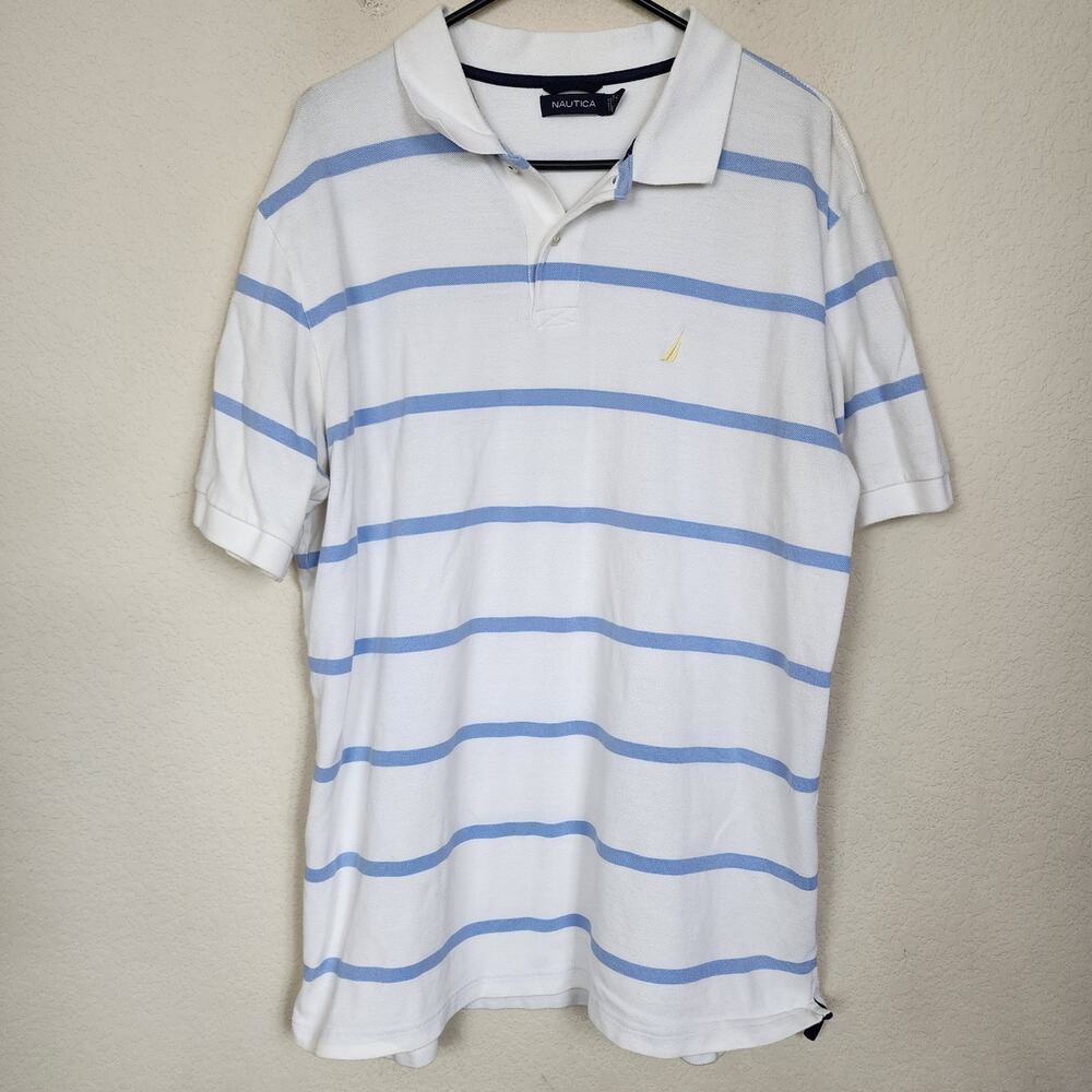 Nautica XL White Blue Striped Collared Polo Shirt